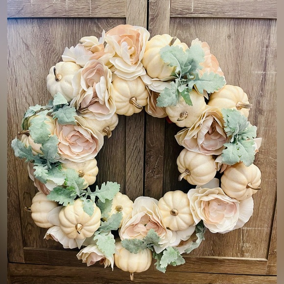 bloom Other - Fall Wreath, 22”  Boho White Pumpkin and Peony Shabby Chic Front Door decor